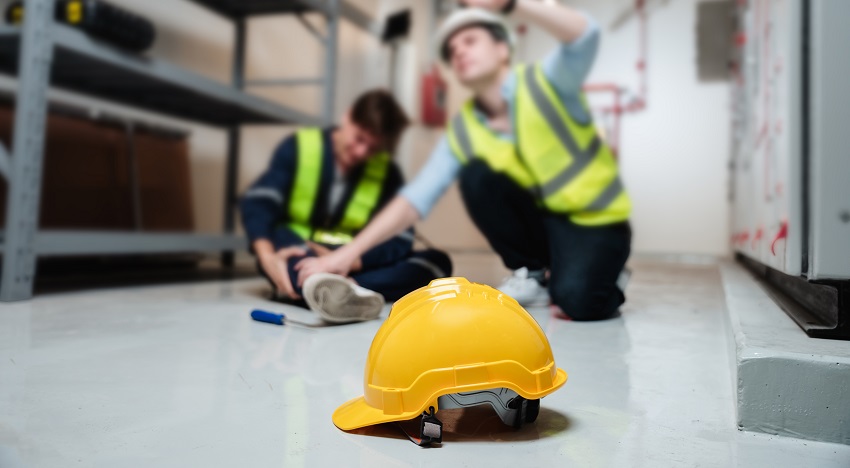 Photograph of injured warehouse worker with a colleague who is calling for assistance. Bright yellow hard hat laying on the floor.